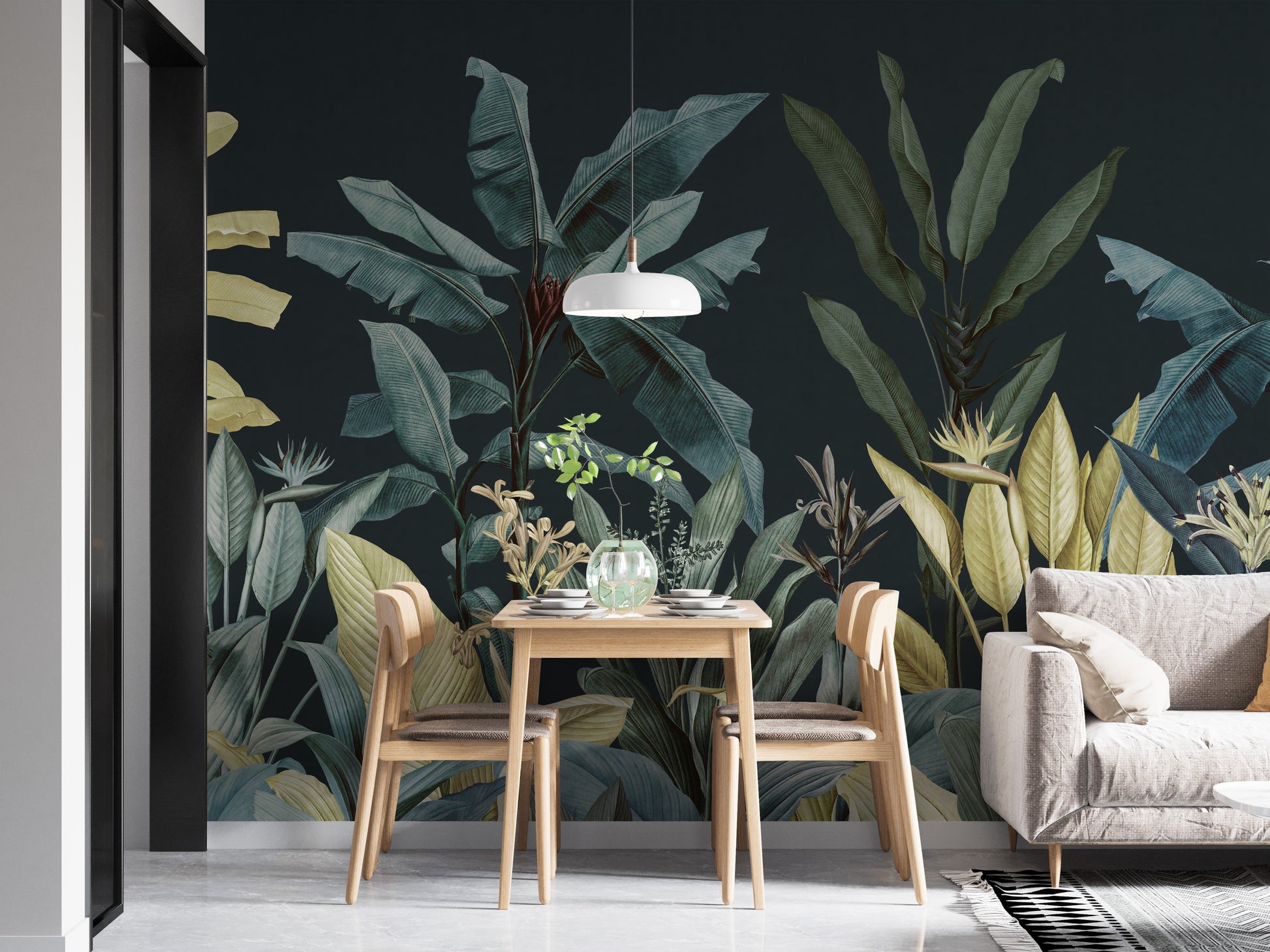 Dark Night Vintage Tropical Tree wallpaper mural styled along a hallway feature wall near a console in blue tones