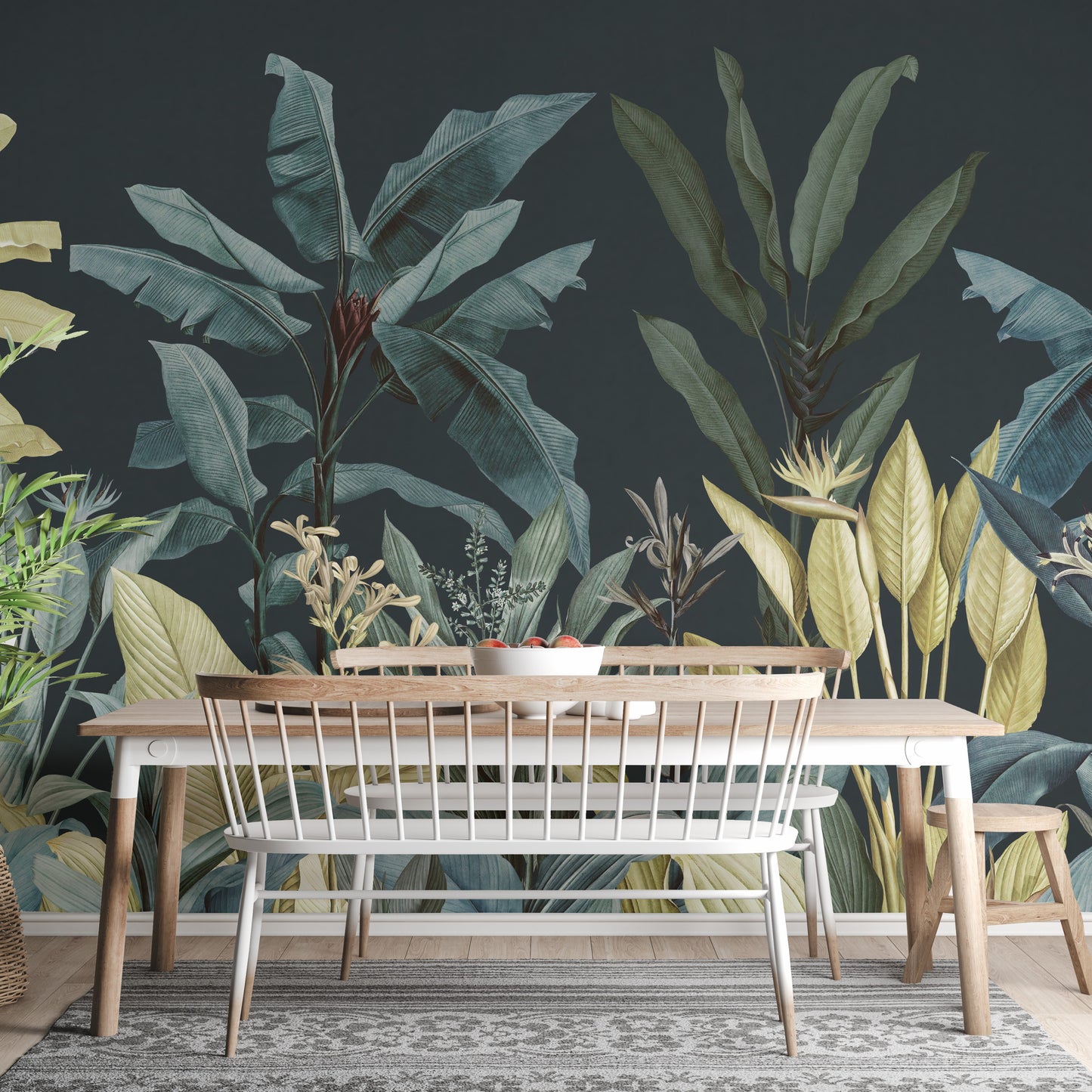 Dark Night Vintage Tropical Tree wallpaper mural as a feature wall in a home office workspace in blue tones