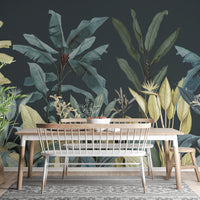 Dark Night Vintage Tropical Tree wallpaper mural as a feature wall in a home office workspace in blue tones