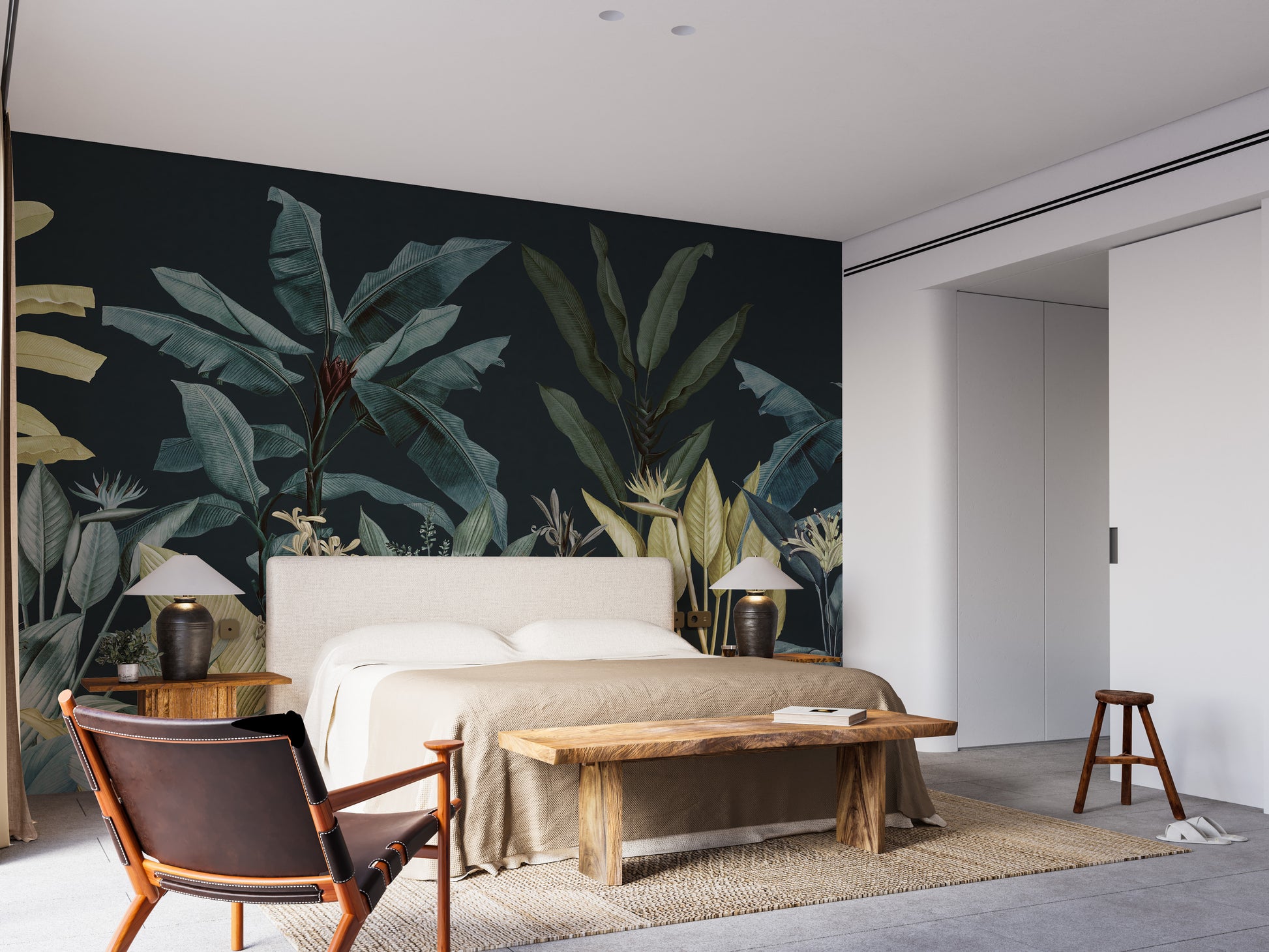Dark Night Vintage Tropical Tree wallpaper mural styled as a feature wall behind a dining table and chairs in blue tones