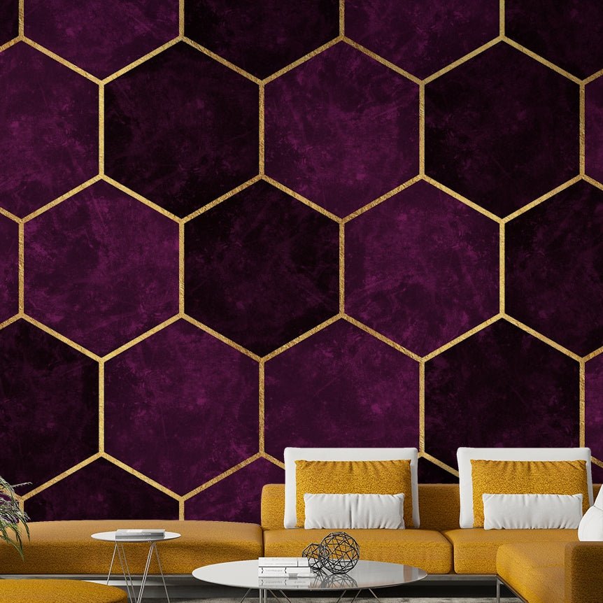 Geometric mural design with pink and plum hexagons

