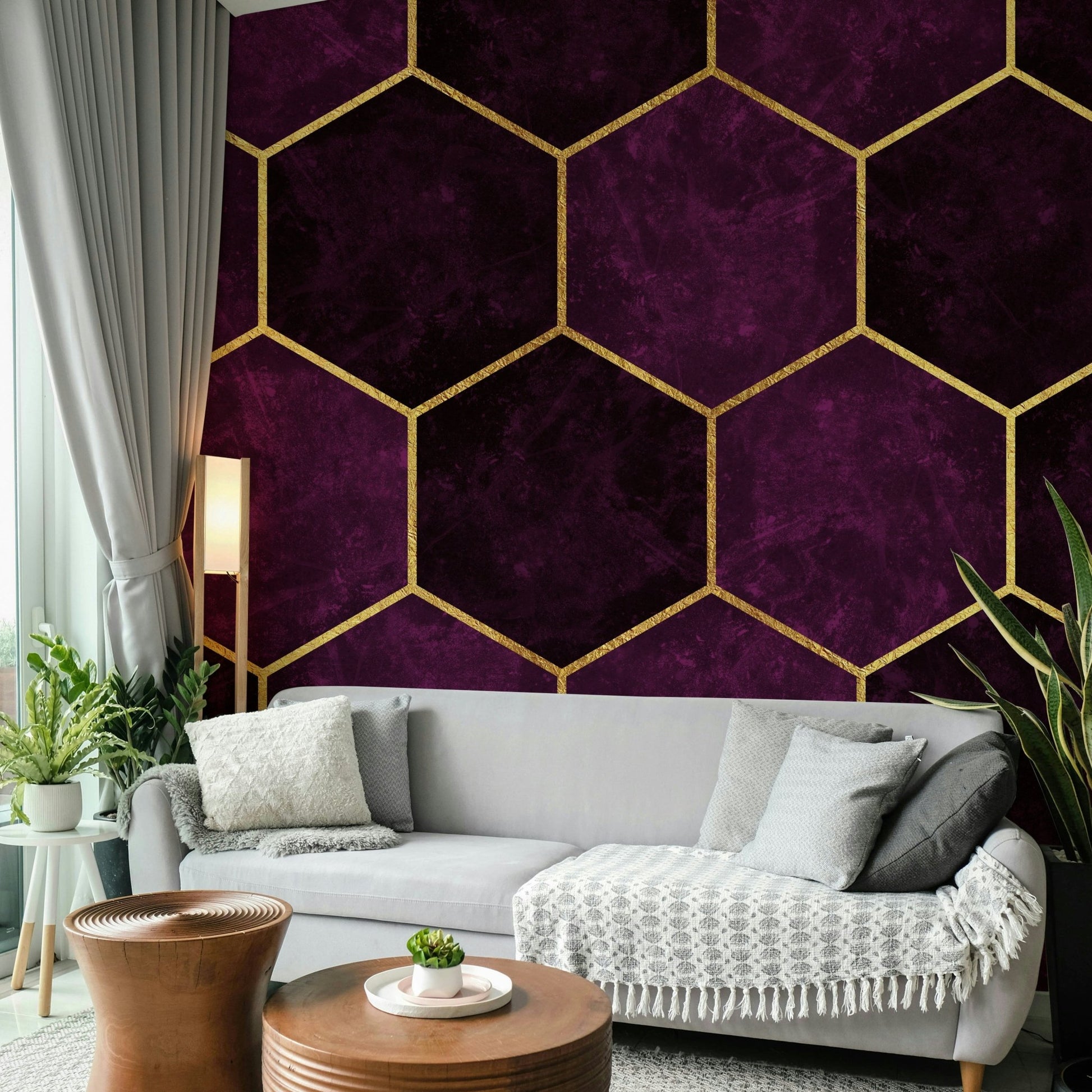 Stylish pink hexagon mural on deep plum background

