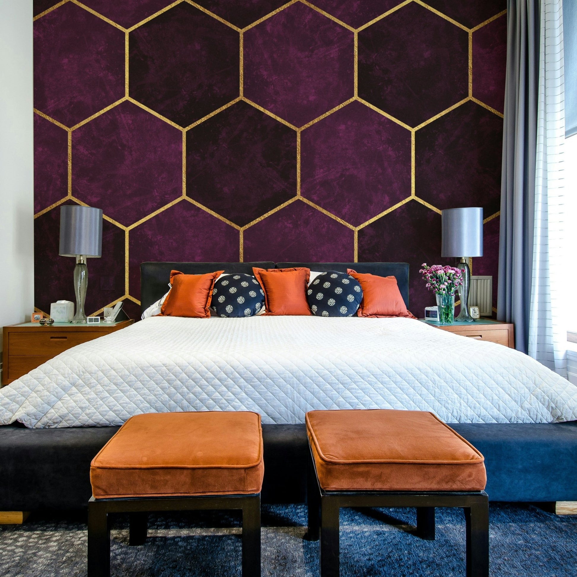Luxury wall mural featuring metallic pink hexagons

