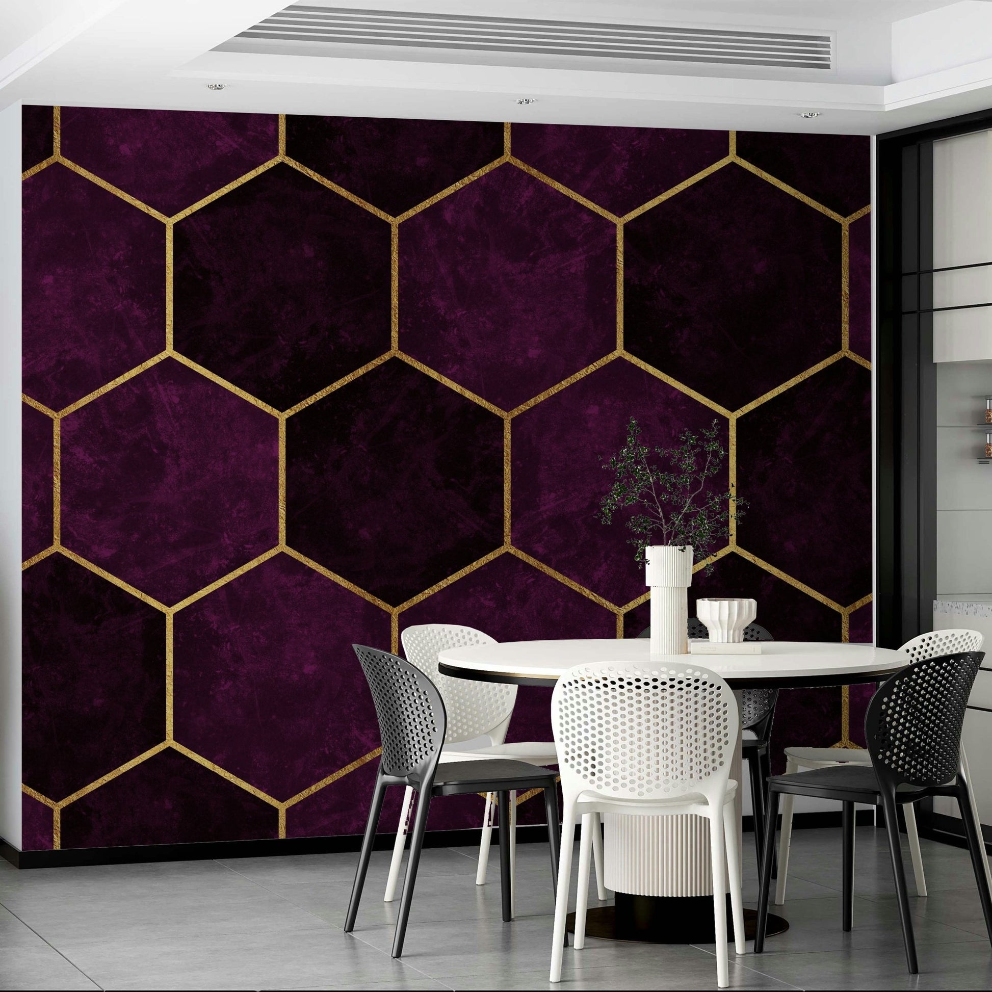 Elegant hexagon wall mural in plum and blush pink tones

