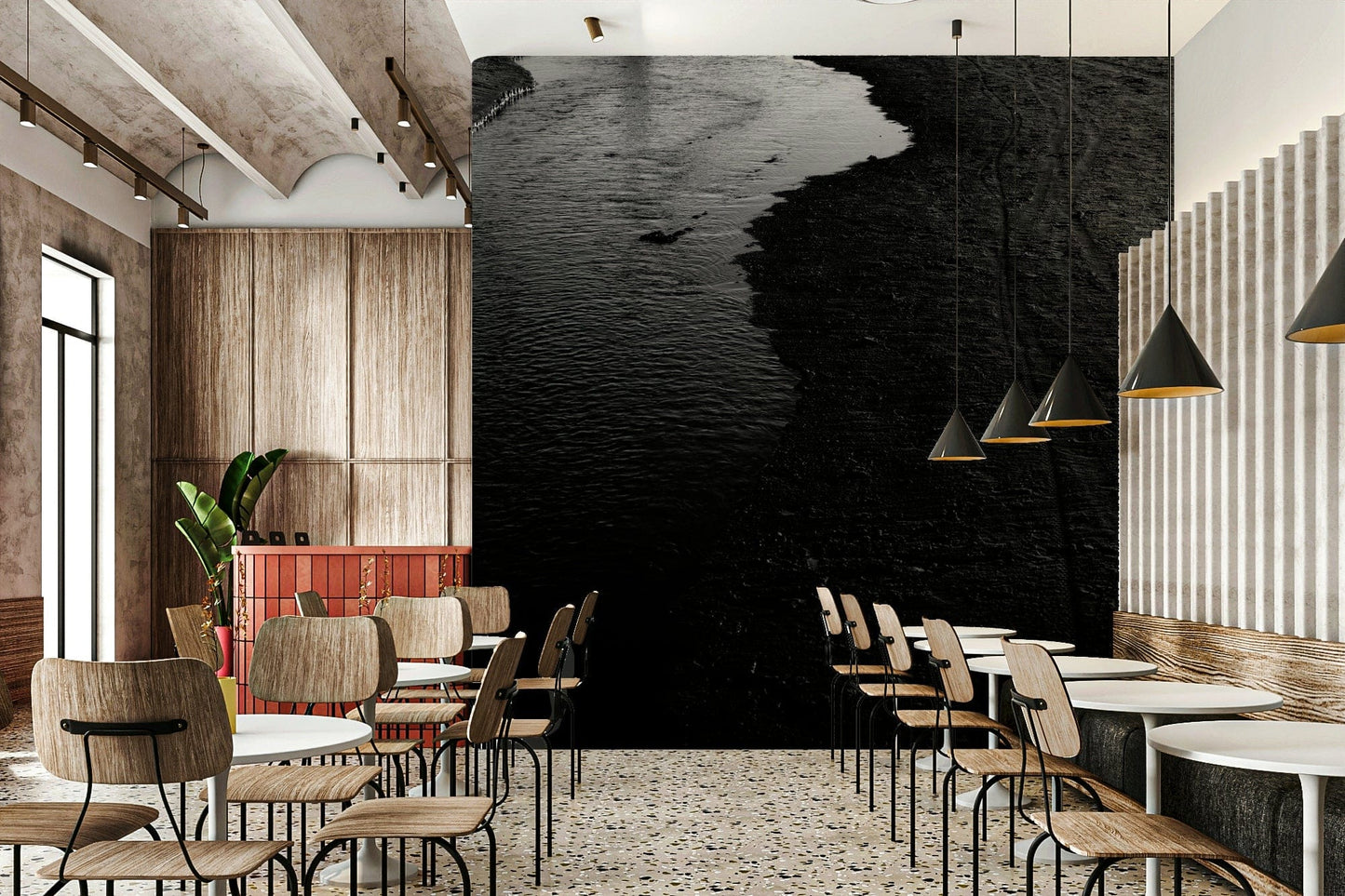 A bedroom with the moody mural behind the headboard.

