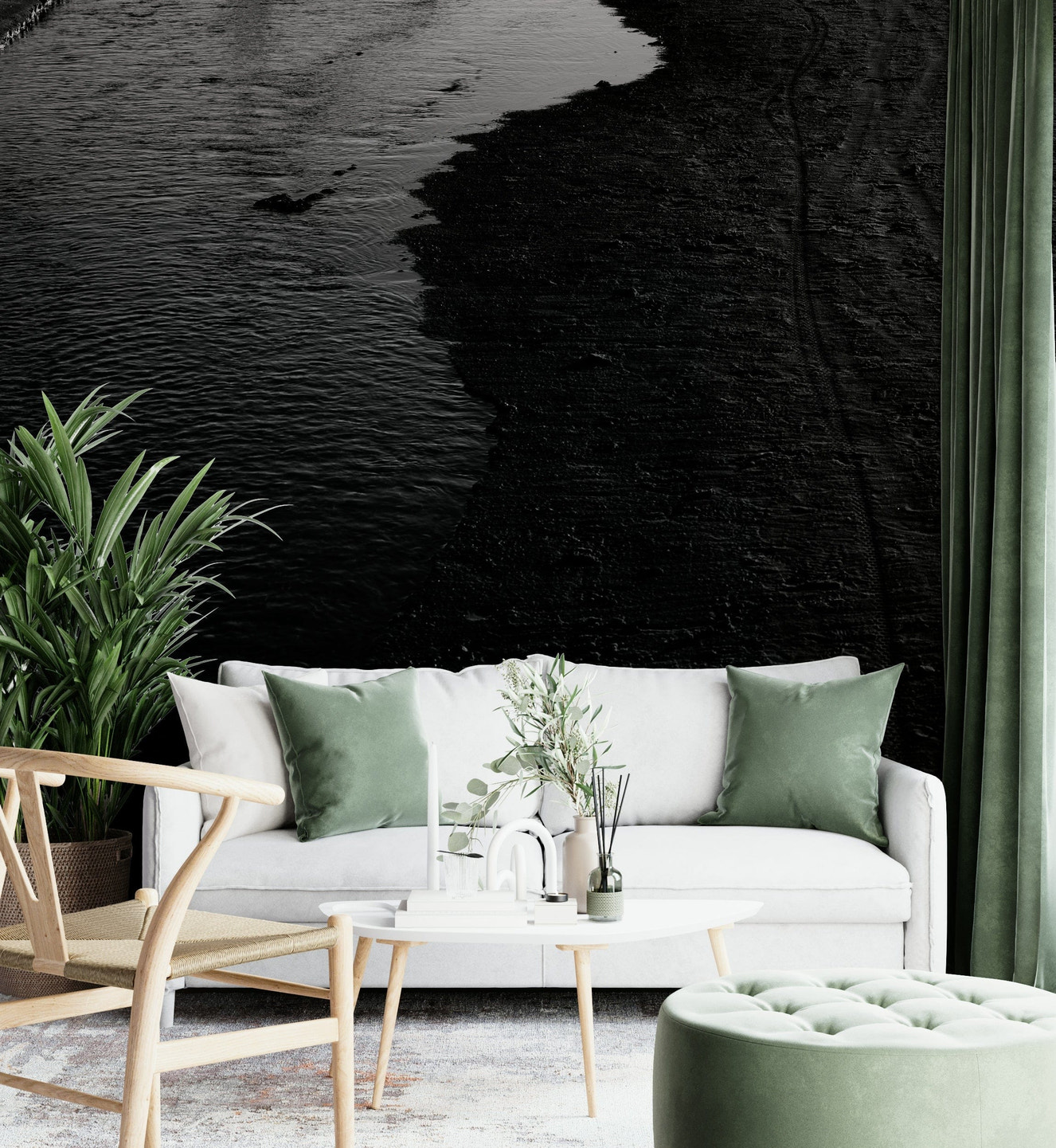 A beautiful modern living room with a dark river wall mural.

