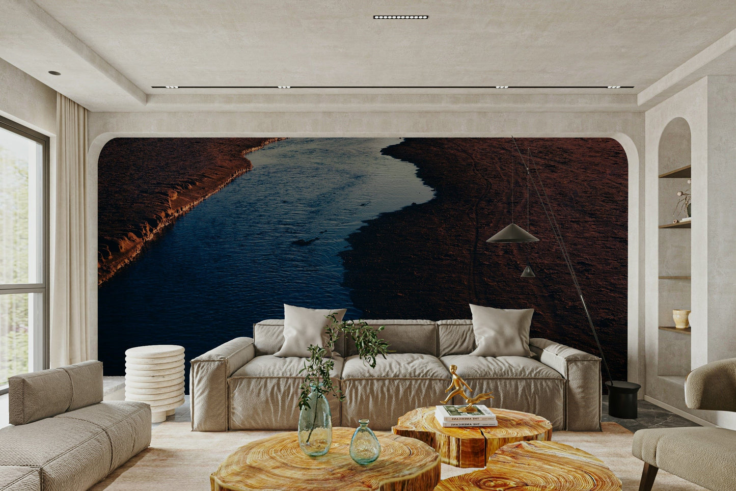 A high-angle view of the wall mural in a large space.

