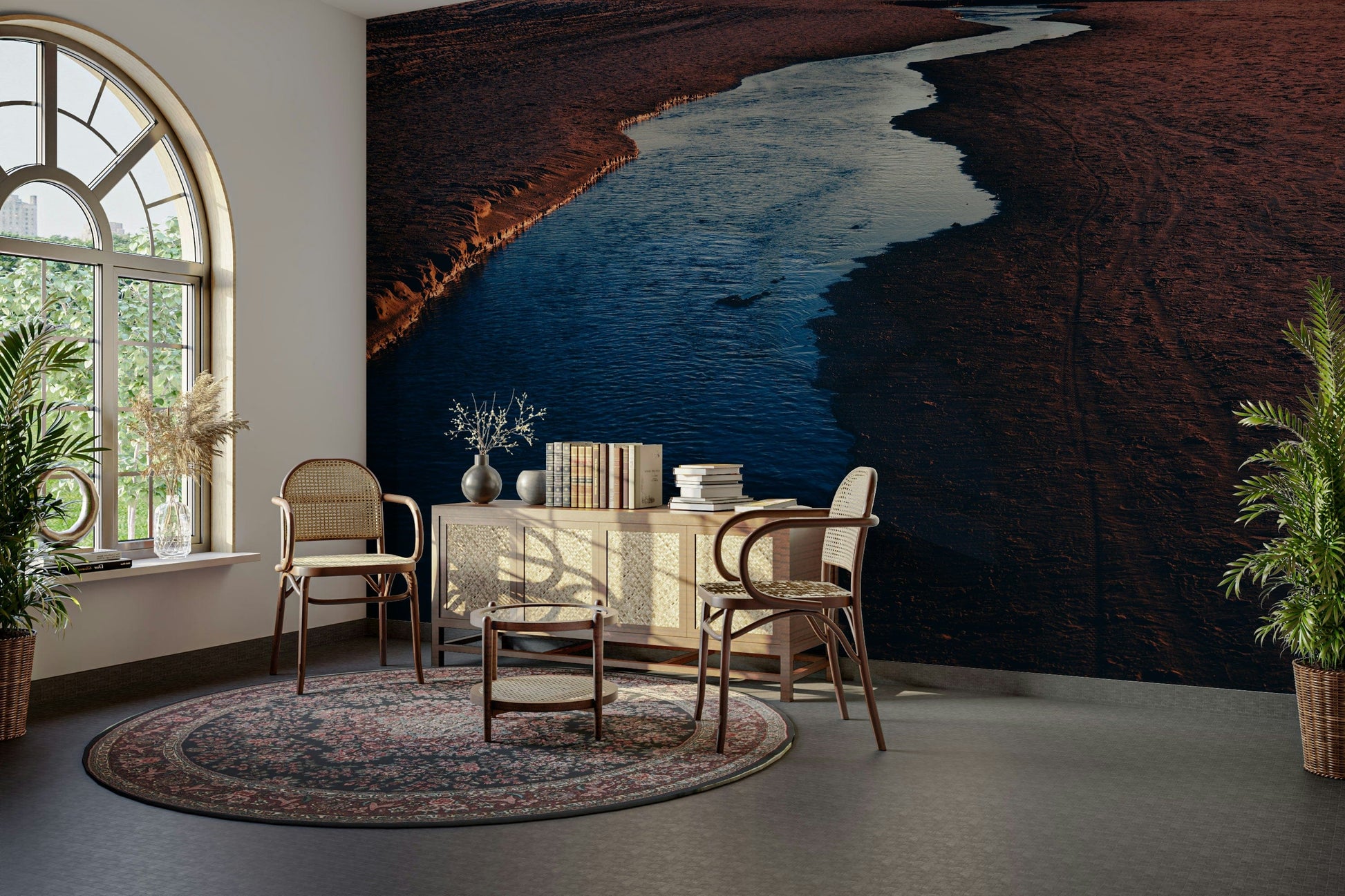 A beautiful modern living room with a dark river wall mural.

