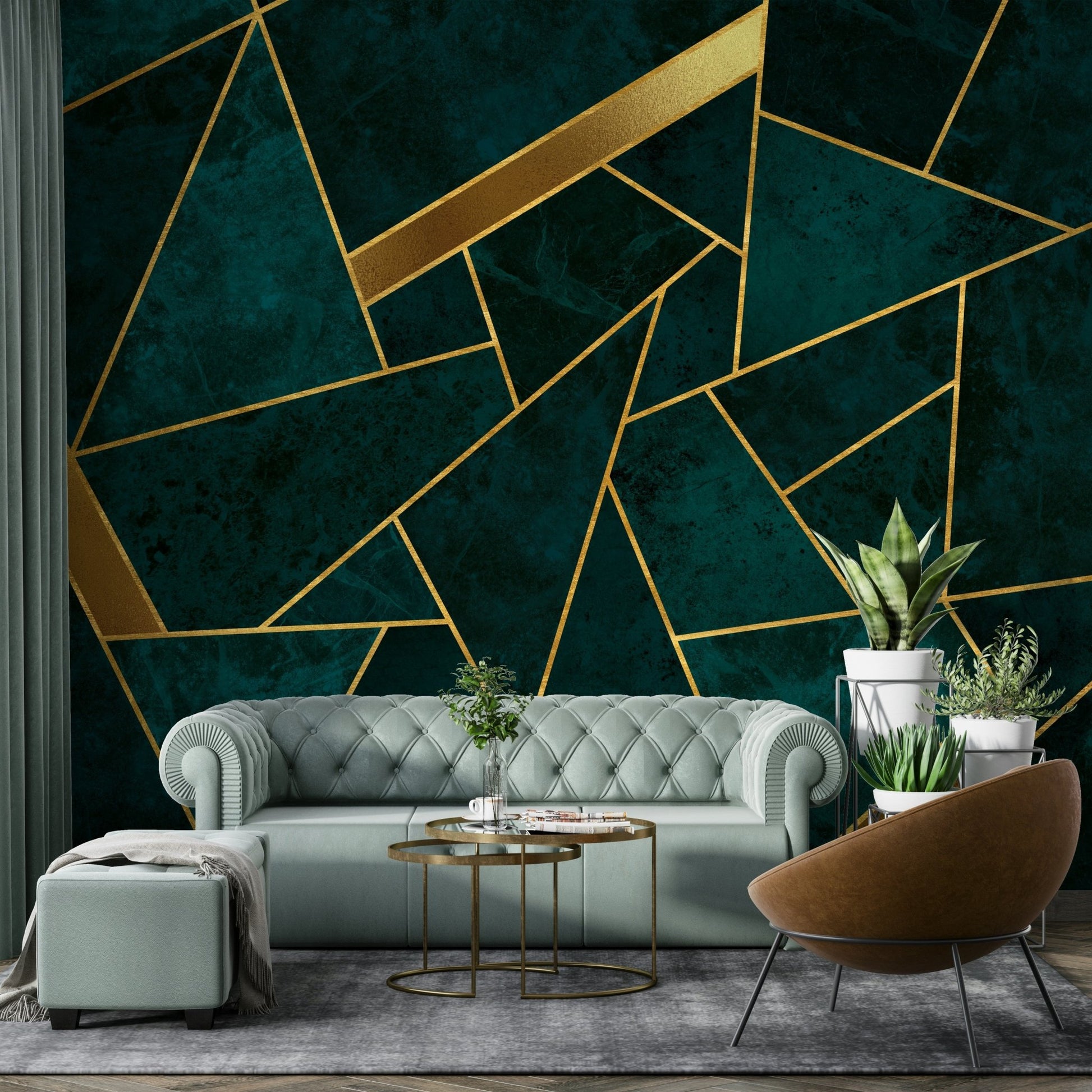 Luxurious geometric wall mural in teal and gold


