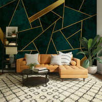 Modern dark teal mural with metallic gold accents

