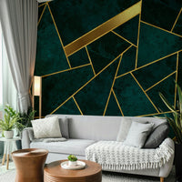 Dark teal abstract mural featuring shimmering gold details

