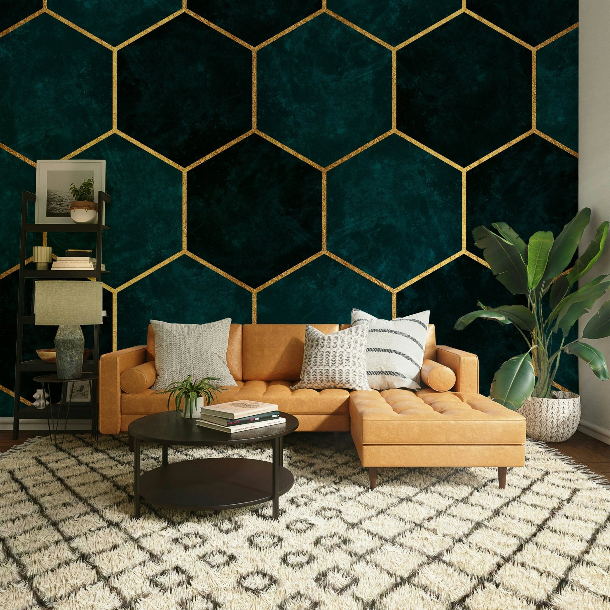 Luxurious hexagon mural with rich teal tones

