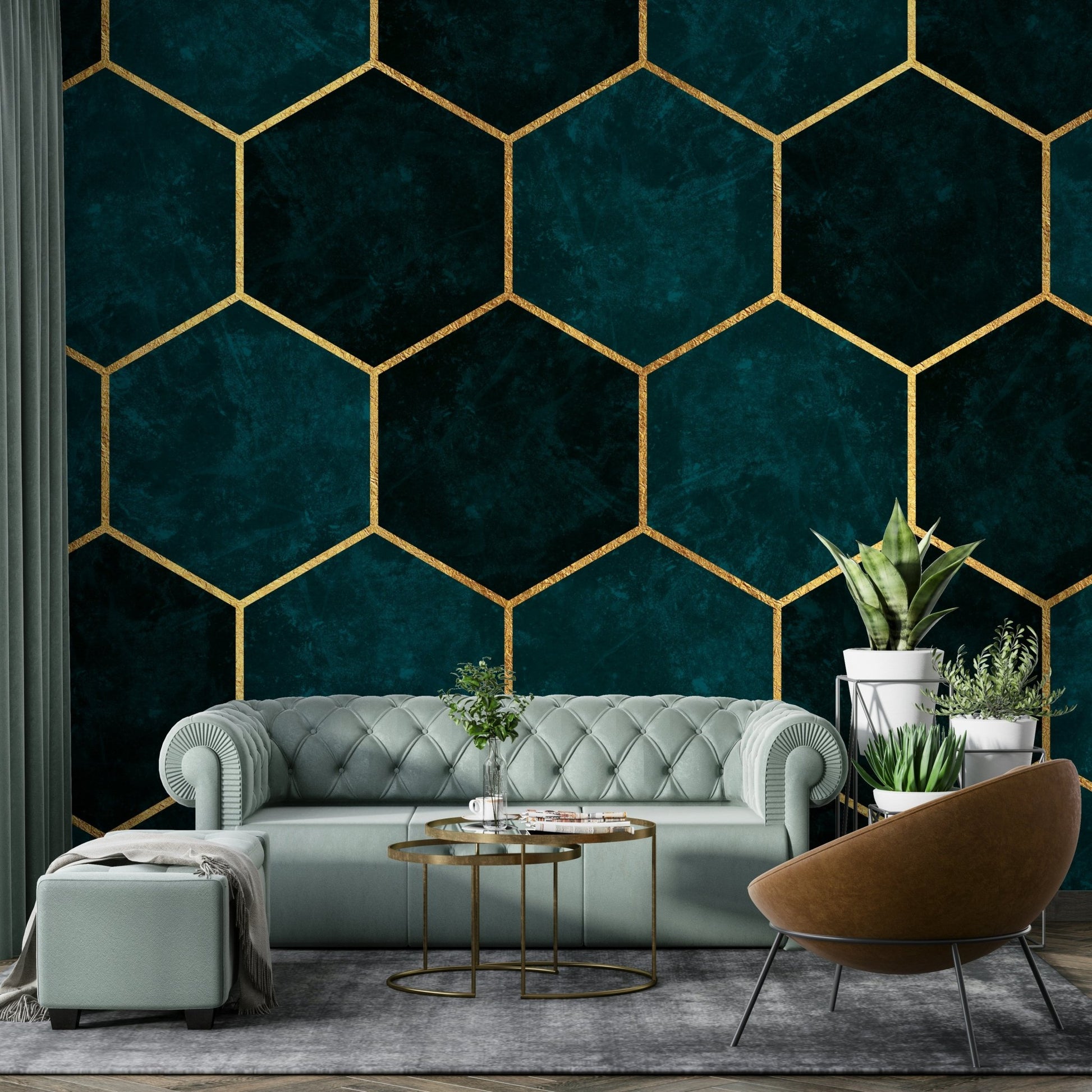 Geometric teal and gold wall design

