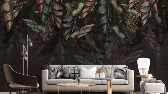 Dark Hanging Tropical Leaves wallpaper mural shown as a full feature wall that highlights the design