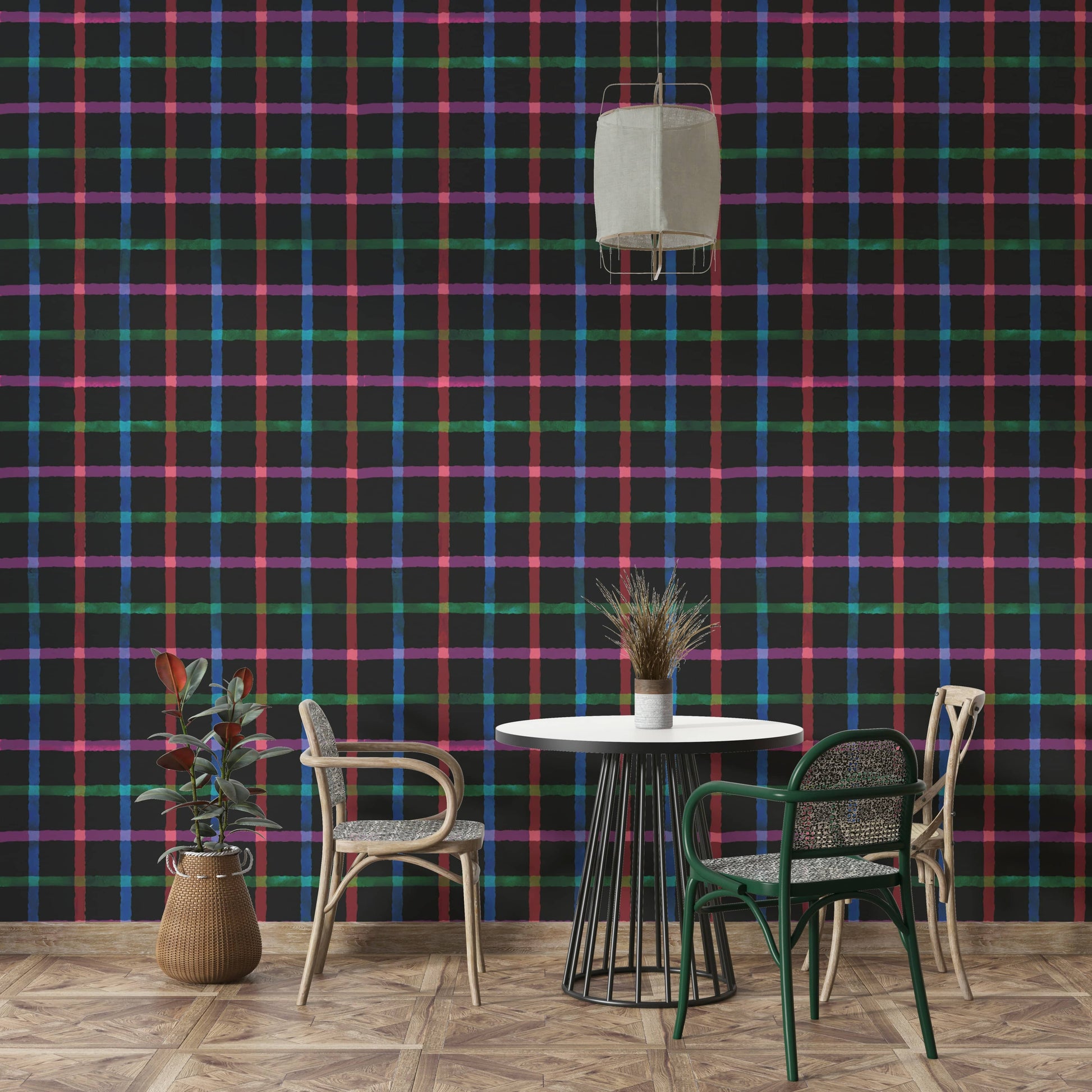 The wallpaper features a repeating plaid motif.

