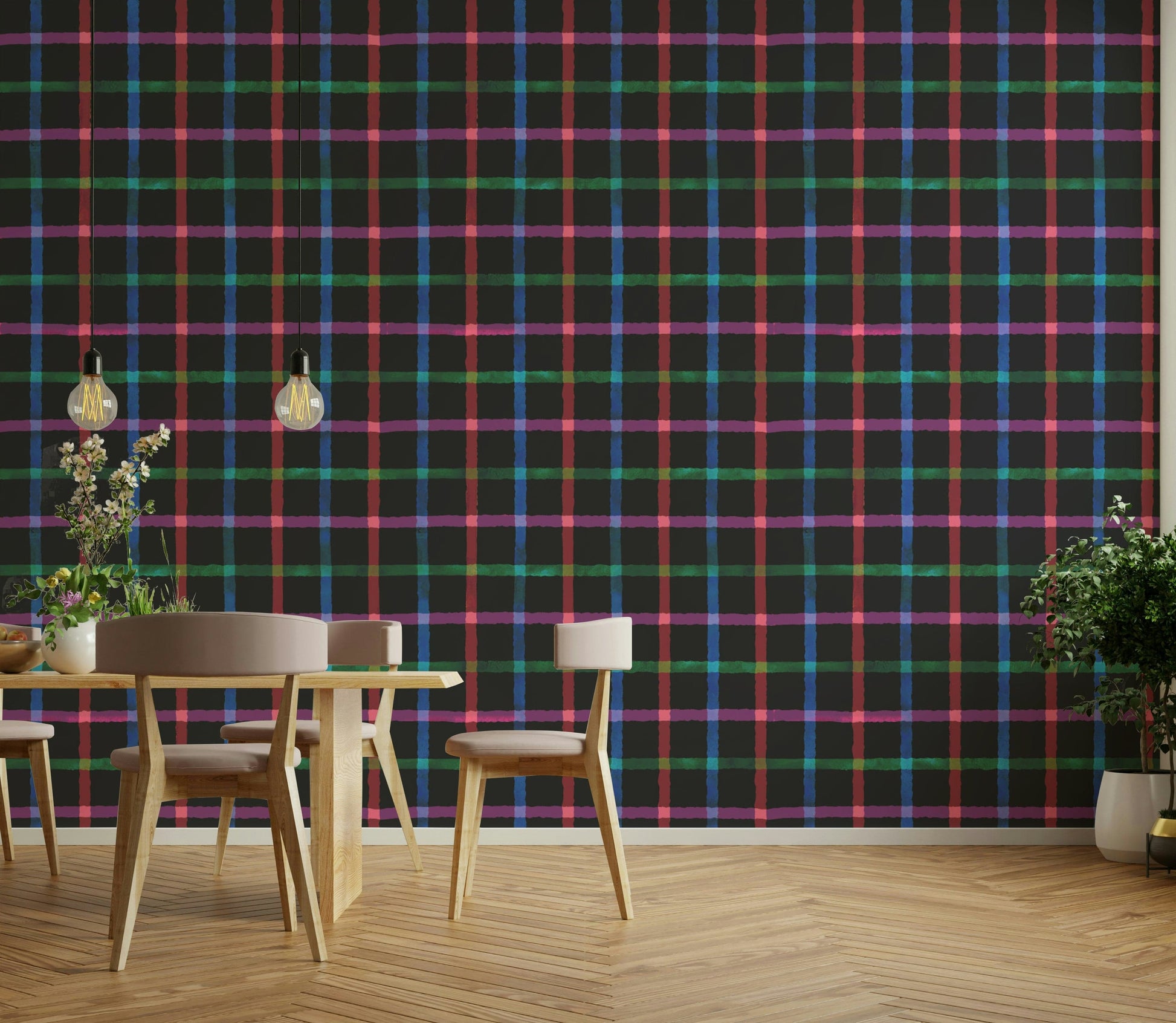 Wallpaper with a dark, hand-painted plaid pattern.


