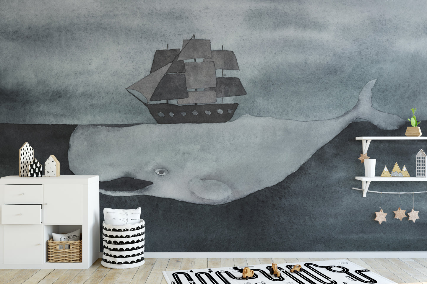 Dark Watercolor Whale design with Ship Wallpaper Murals - Giffywalls