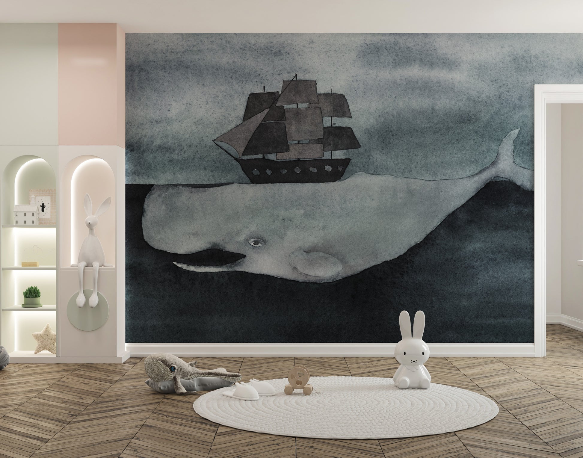 Whale and ship wall design in dark tones
