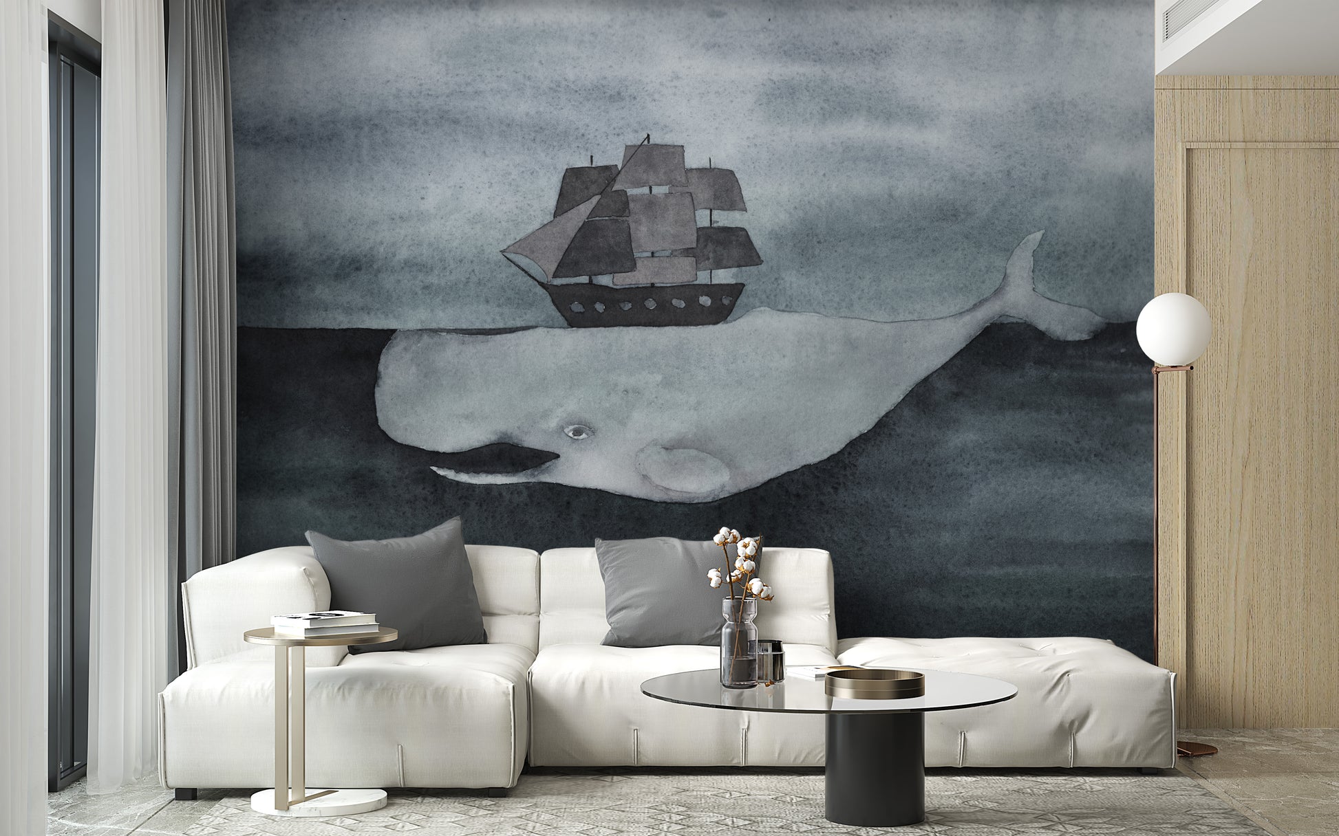 Dark whale wallpaper mural with ship
