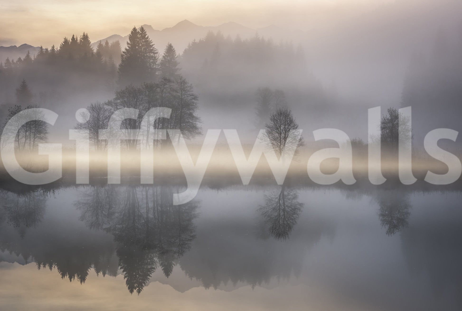 Picturesque Dawn Reflection, harmonious scene, whispering mist, wallpaper for walls.