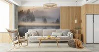 Idyllic lake mural, subtle colors, floating fog bank, charming atmosphere.