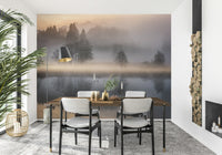 Enchanting wall covering, symmetrical reflection, winter trees, minimalist beauty.