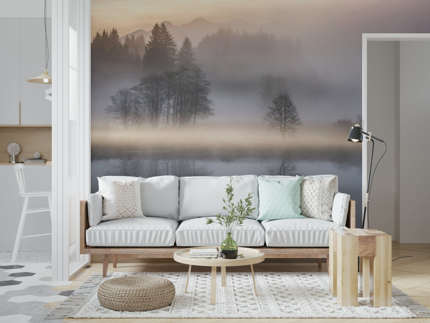 Luminous lake art, soft-focus woodland, mirror-like water, inspiring wall art.