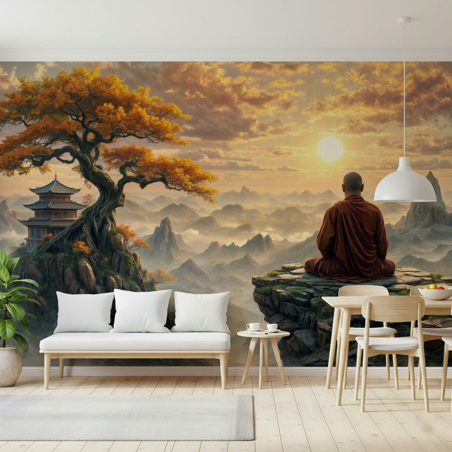 Dawn Serenity Mural in a cozy lounge with velvet furniture and dark wooden floors.