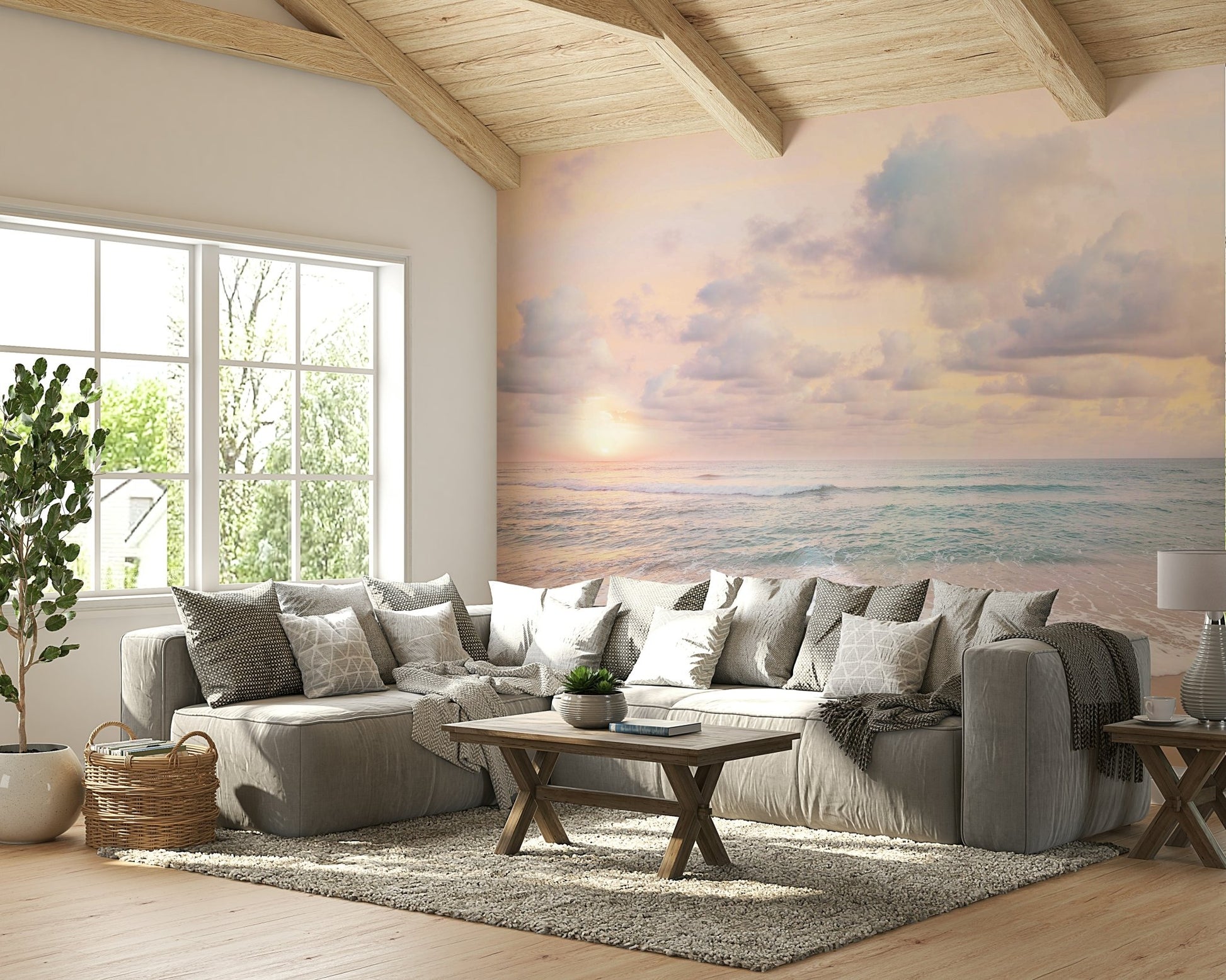 Minimalist wall mural with pastel tones

