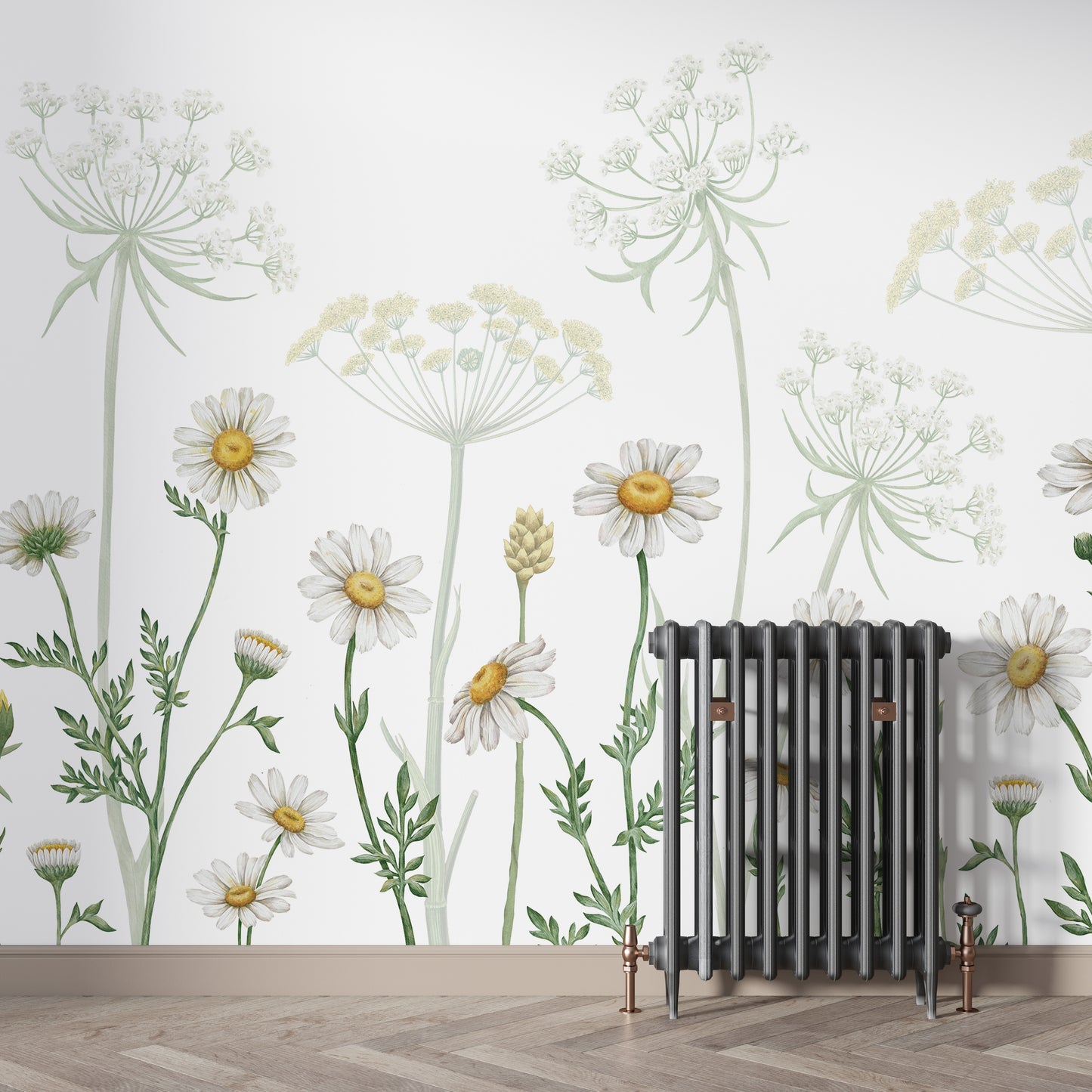 Dazzling Daisies Flower wallpaper of white daisies and wildflowers behind a cast-iron radiator on a full wall