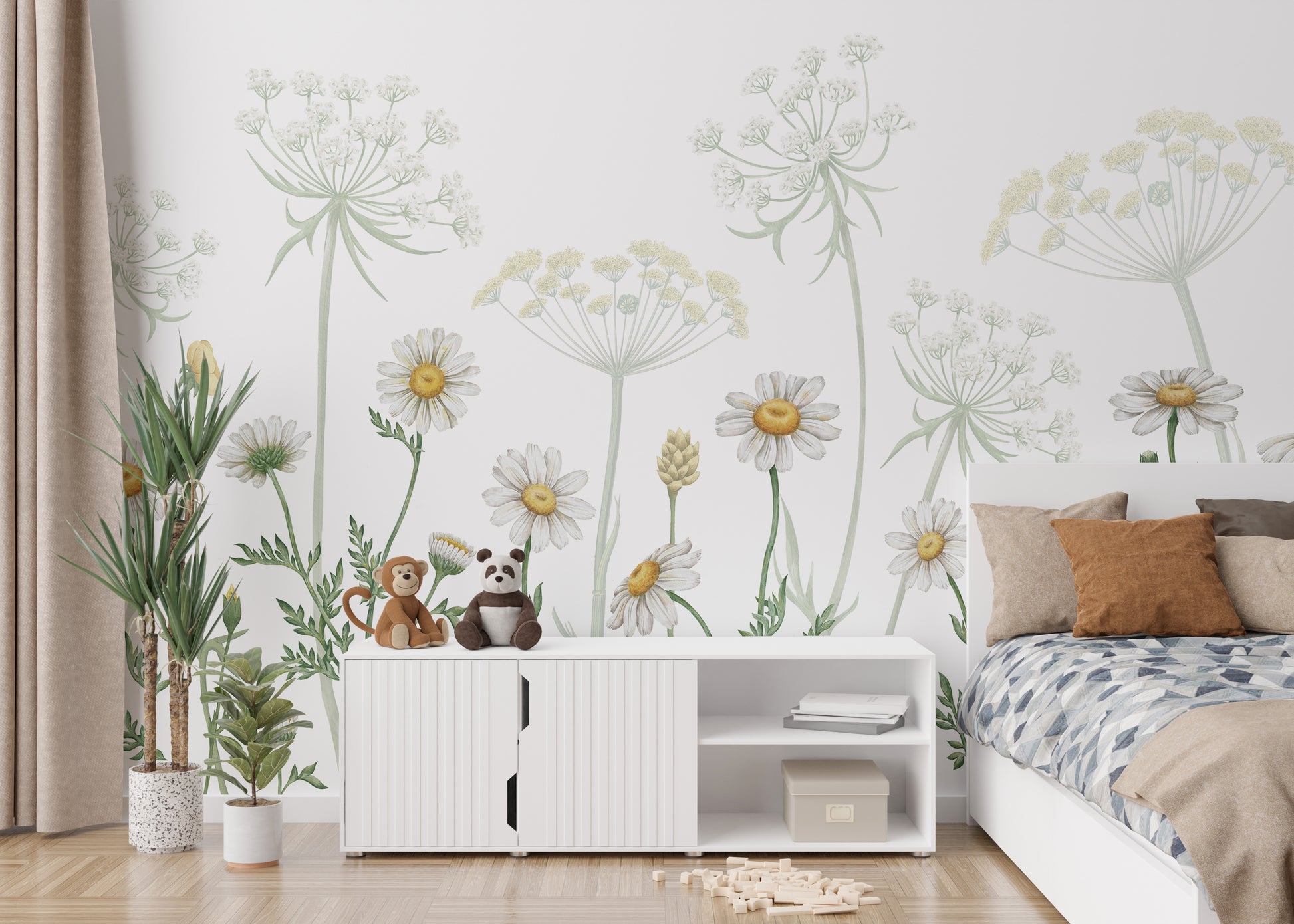 Dazzling Daisies Flower wallpaper of white daisies behind a white bed and sideboard with plush toys