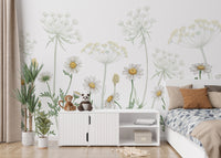 Dazzling Daisies Flower wallpaper of white daisies behind a white bed and sideboard with plush toys
