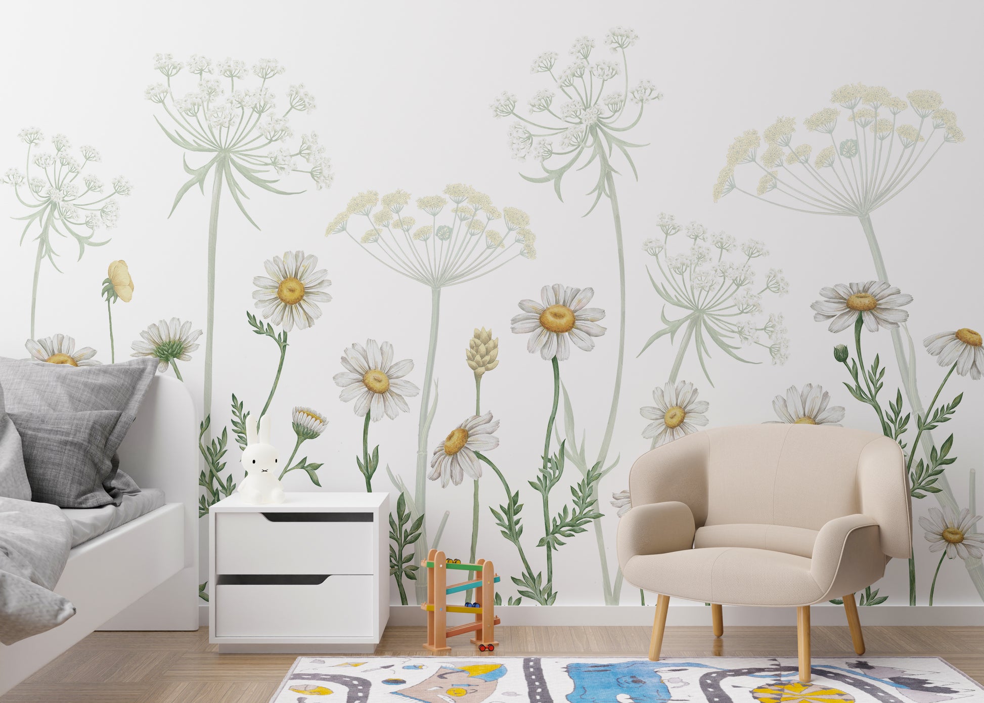 Dazzling Daisies Flower wallpaper of white daisies behind a white bed and beige armchair in a kids room