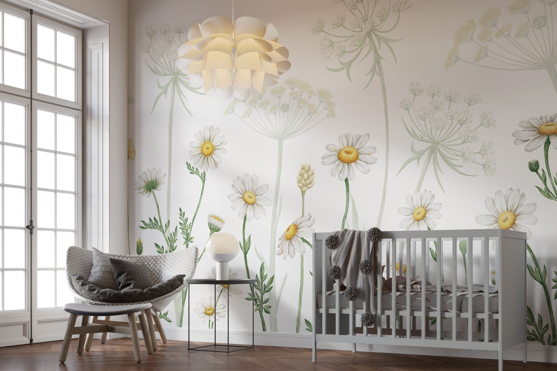 Dazzling Daisies Flower wallpaper of white daisies behind a grey crib and woven chair in a nursery