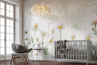 Dazzling Daisies Flower wallpaper of white daisies behind a grey crib and woven chair in a nursery