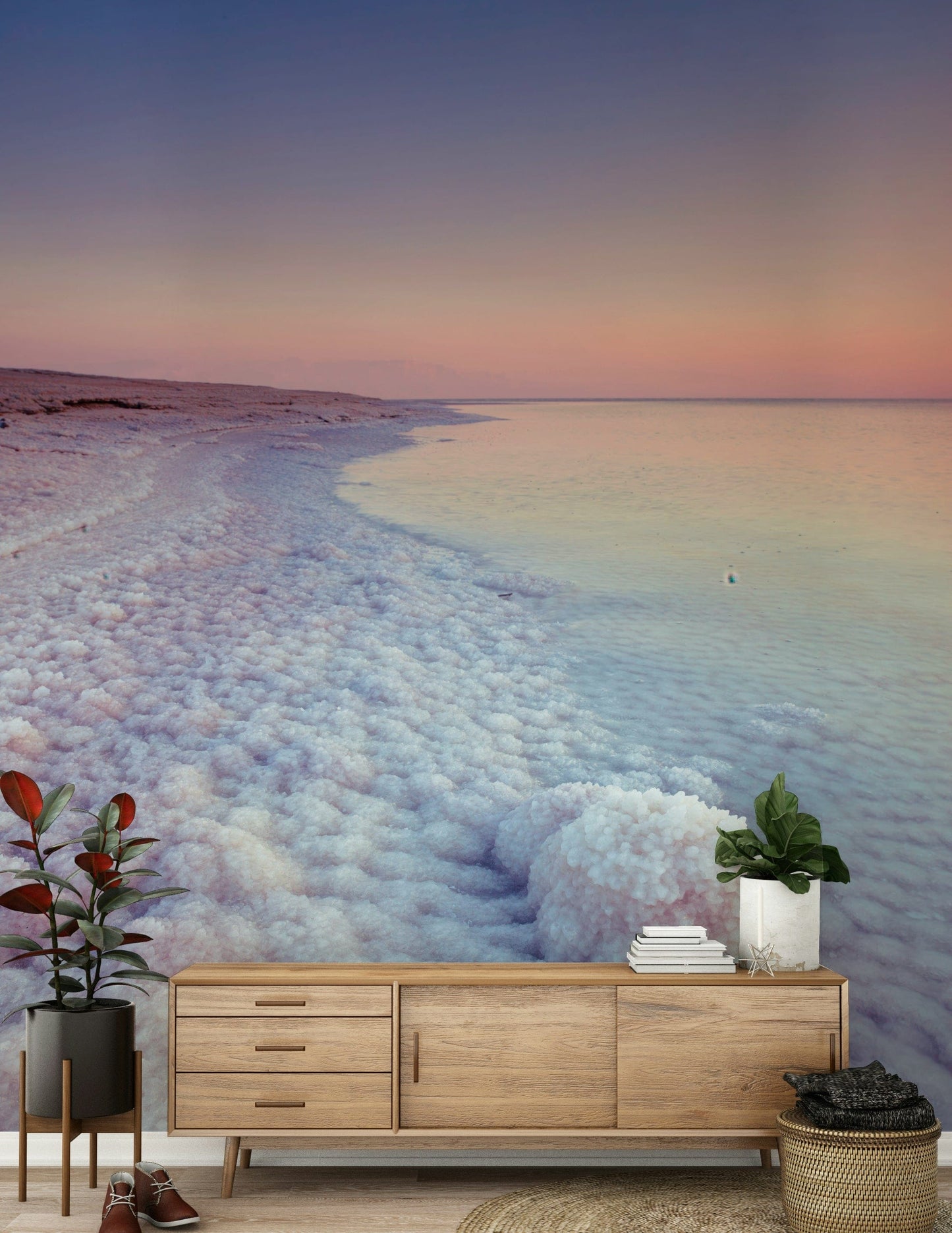 Quiet Dead Sea Coastline wallpaper, smooth surface, minimalist scene mural.