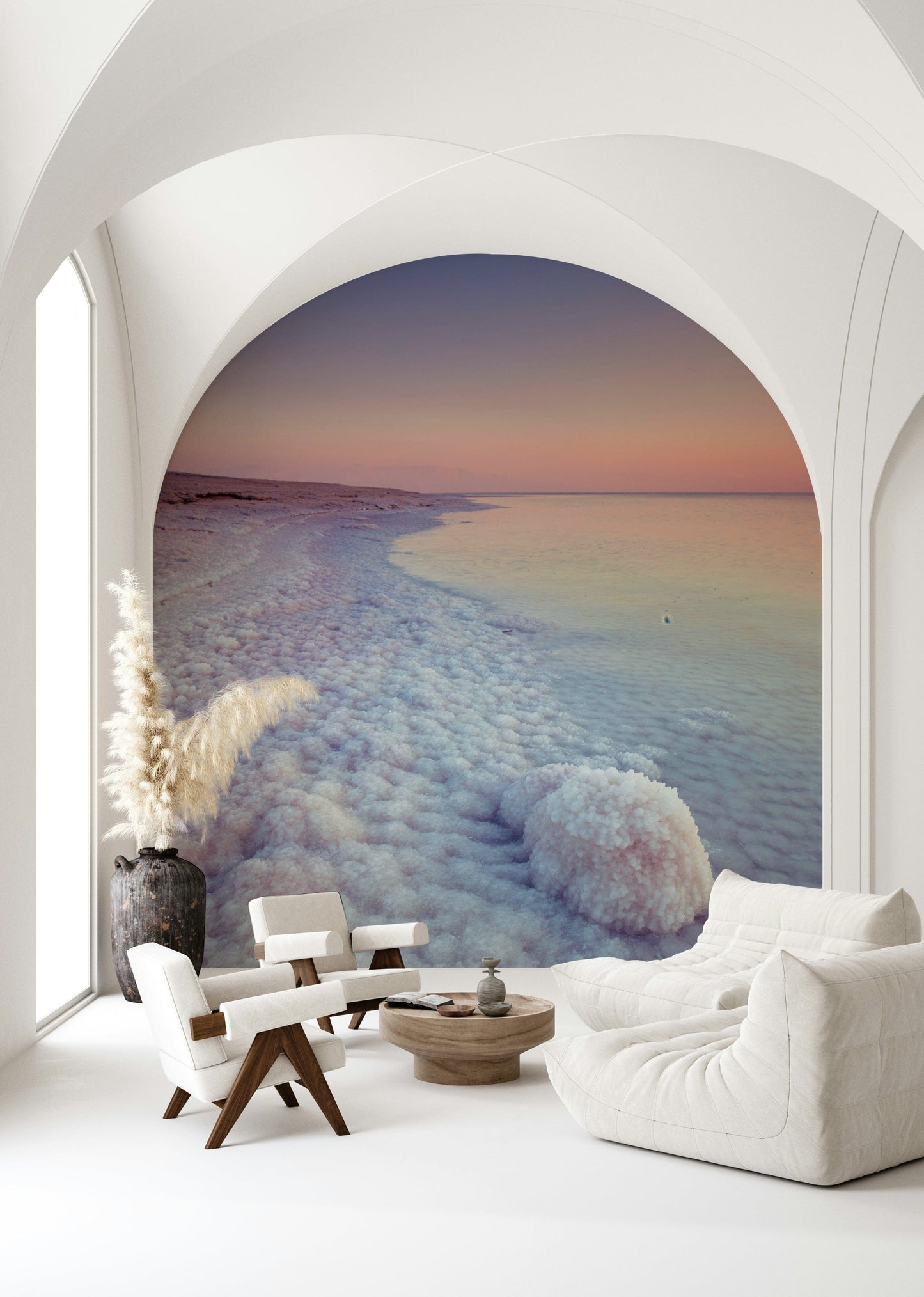 Sublime Ethereal Dead Sea Coastline wallpaper, pink sky, gorgeous mural.