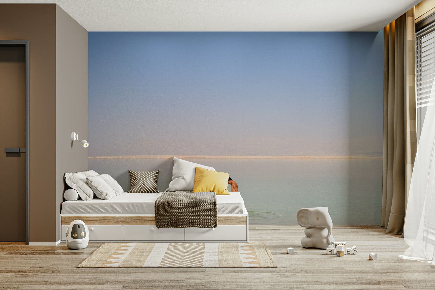 A living room featuring the scenic Dead Sea wall mural.

