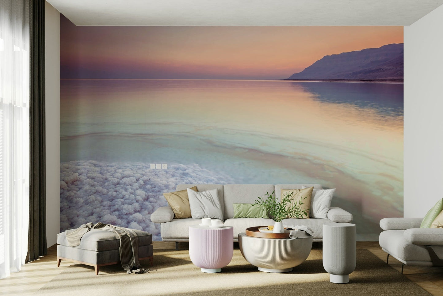 Dead Sea Shore Wall Mural with soft pastel tones and salt formations.

