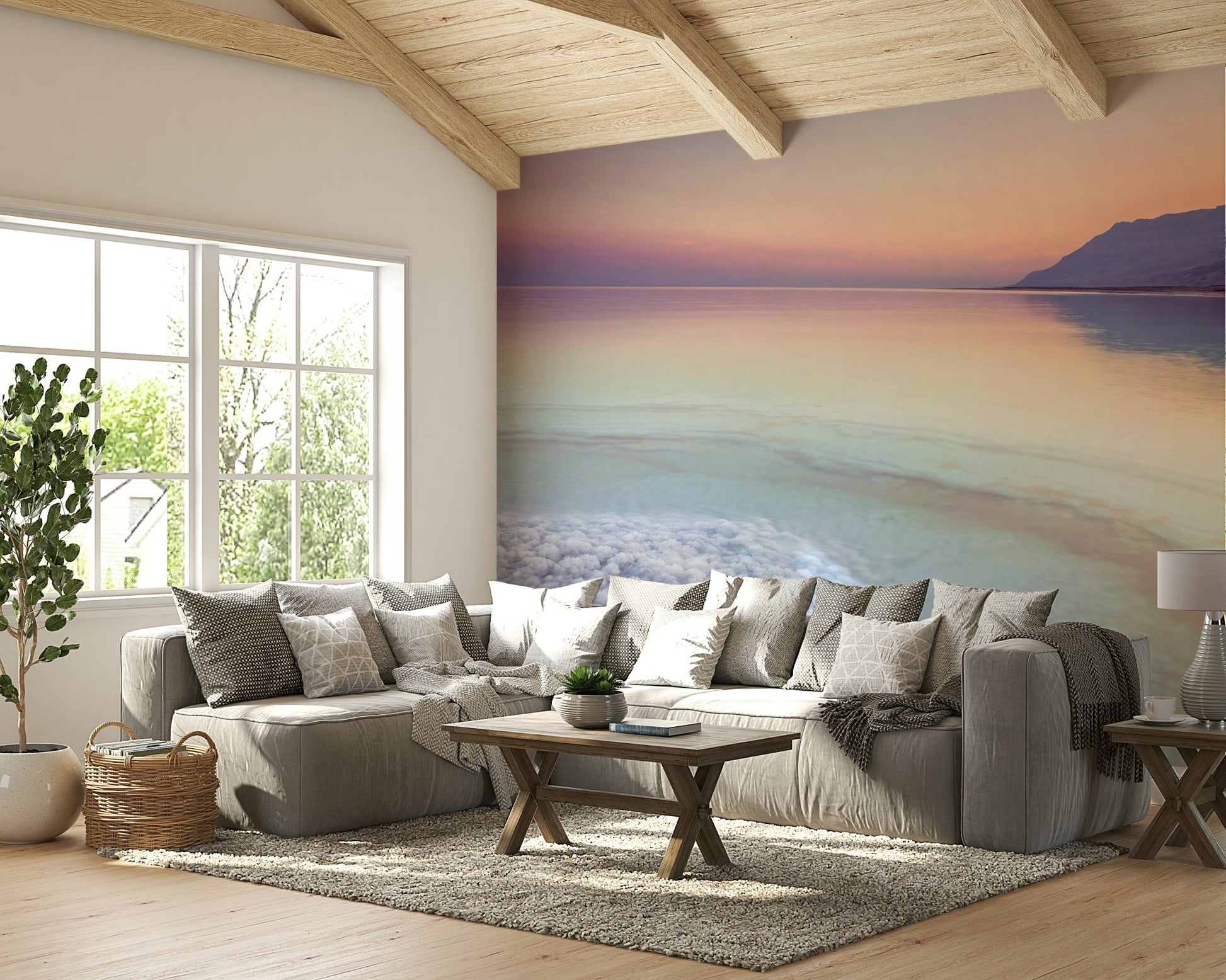 Pastel colors of the Dead Sea shoreline captured in wall mural.

