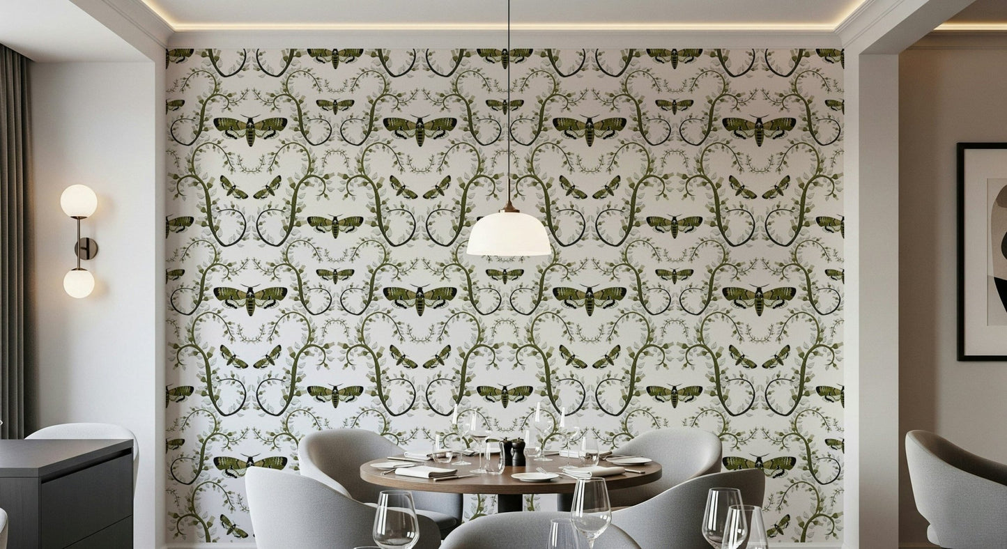 A Dining area takes on green hawkmoths and vines from this Death's-Head Hawkmoth Wallpaper.