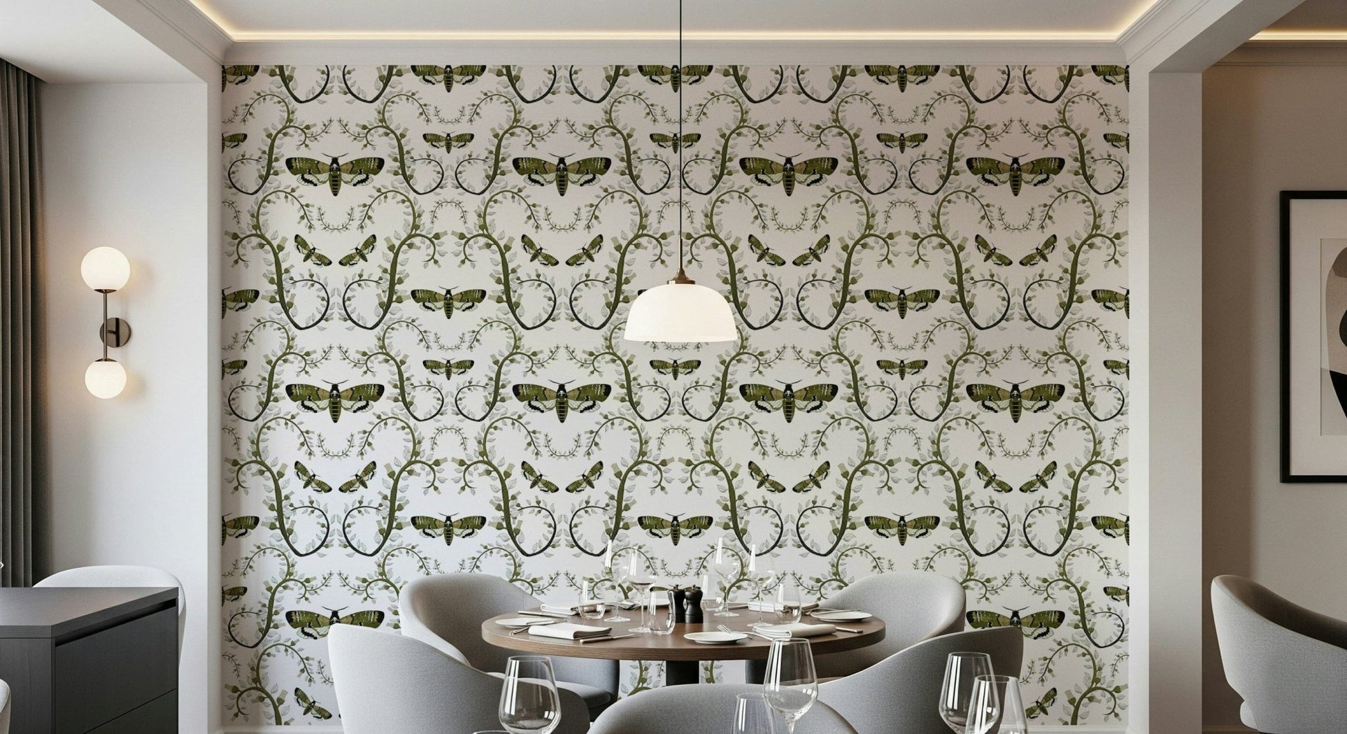 A Dining area takes on green hawkmoths and vines from this Death's-Head Hawkmoth Wallpaper.