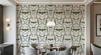 A Dining area takes on green hawkmoths and vines from this Death's-Head Hawkmoth Wallpaper.