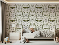 Down the hallway, this Hawkmoth Garden Wallpaper shows a quiet illustrated feel.