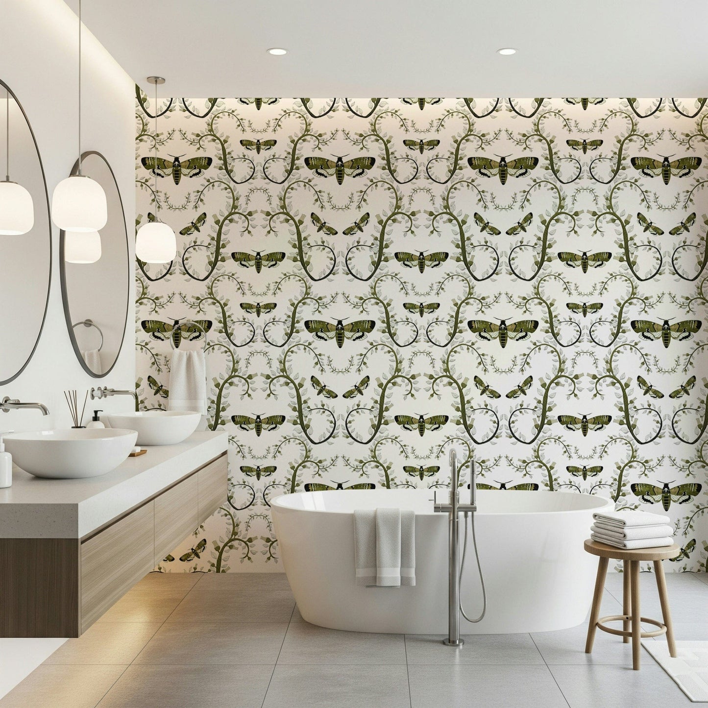 Death's-Head Hawkmoth Garden Wallpaper covers a bathroom in clean botanical pattern.