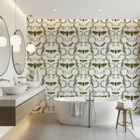 Death's-Head Hawkmoth Garden Wallpaper covers a bathroom in clean botanical pattern.
