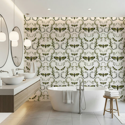 Death's-Head Hawkmoth Garden Wallpaper covers a bathroom in clean botanical pattern.