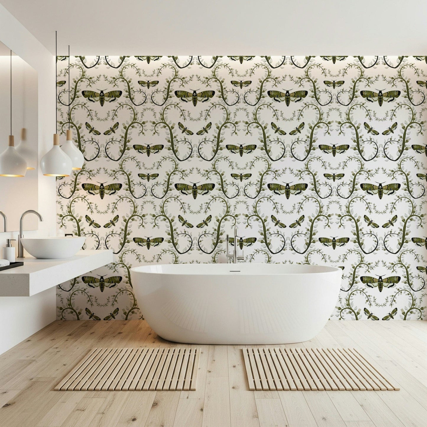 Olive moths and vines fill a bathroom on this Death's-Head Hawkmoth Wallpaper.