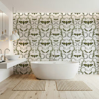 Olive moths and vines fill a bathroom on this Death's-Head Hawkmoth Wallpaper.