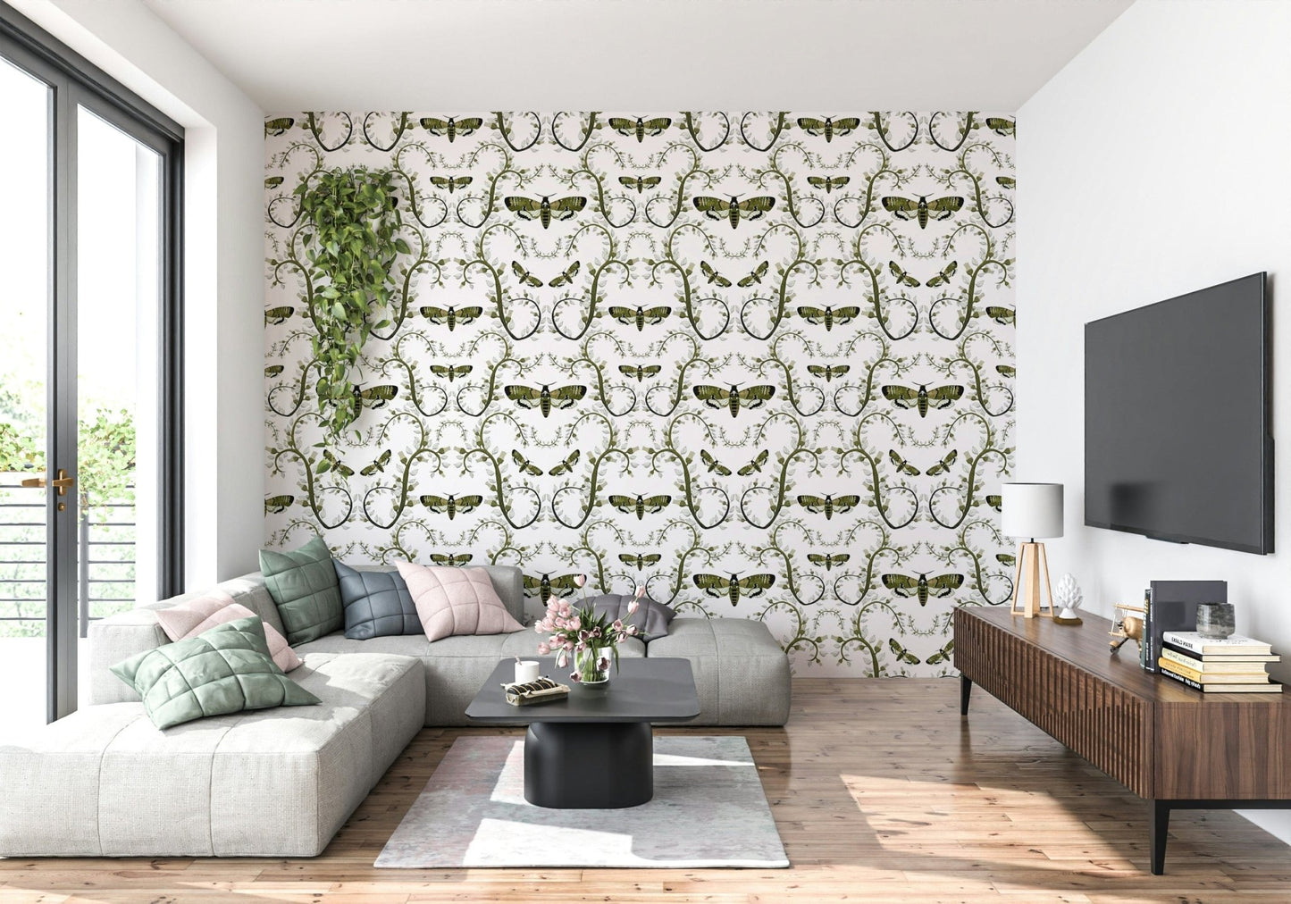 The Death's-Head Hawkmoth Garden Wallpaper reads in olive, sage, and clean white.